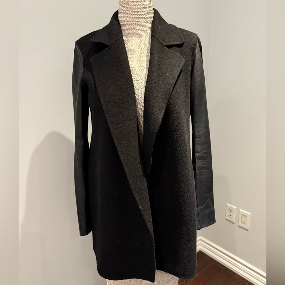 Theory Black Trench Coat with Leather Sleeves